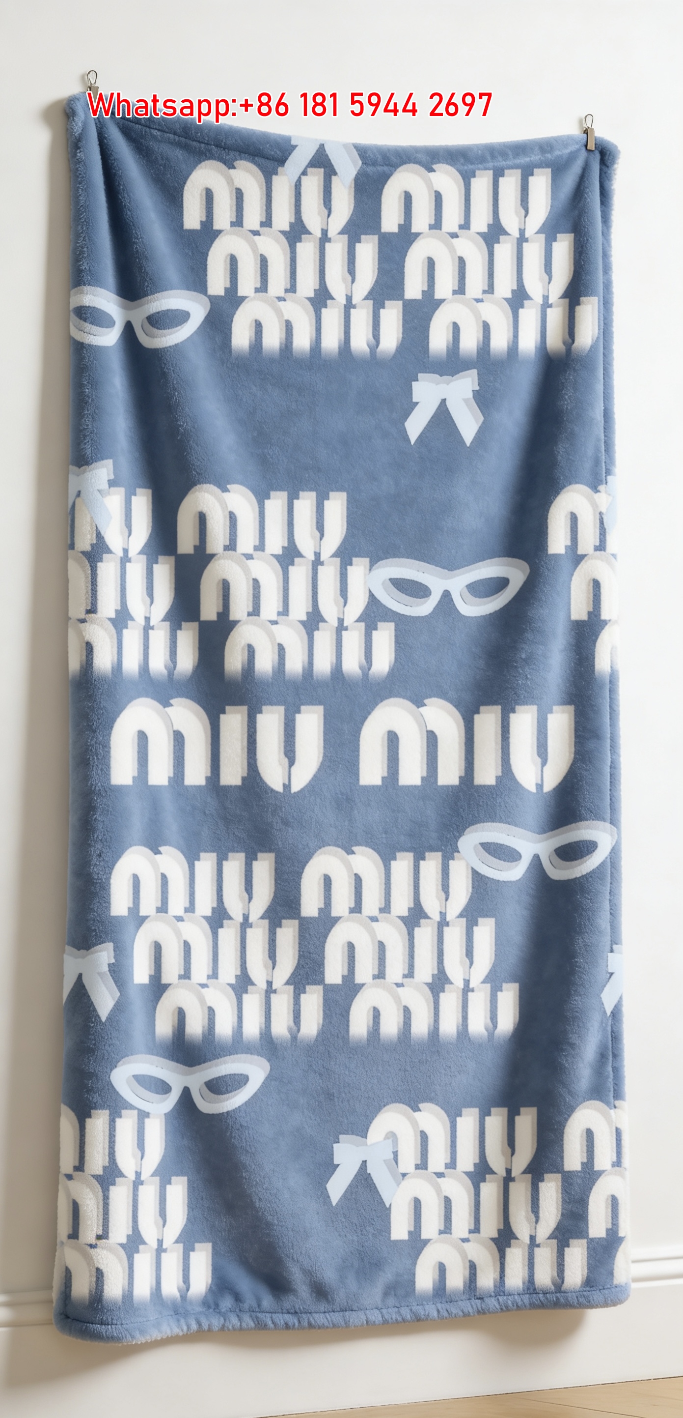 Miu Miu 3D Logo Bow Mask Pattern Dusty Blue Flannel Throw Blanket Miu Miu Printed Sofa Blanket IMG_0346